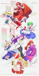  6+girls absurdres animal_on_shoulder apron asakura_rikako ascot black_pants black_shoes blonde_hair blue_dress blue_shoes boots bow breasts brown_boots buttons cape cat closed_eyes coat collared_shirt commentary_request copyright_name cuffs double_v dress elbow_gloves ellen_(touhou) floral_print frilled_apron frilled_sleeves frills full_body glasses gloves green_hair grid guumin hair_bow hairband handcuffs hat hat_ribbon high_heel_boots high_heels highres holding holding_handcuffs holding_mop holding_road_sign japanese_clothes jumping kana_anaberal kimono kitashirakawa_chiyuri kotohime_(touhou) lab_coat large_breasts layered_clothes layered_kimono long_hair long_sleeves maid maid_apron maid_headdress mimi-chan mop multiple_girls necktie okazaki_yumemi open_mouth pants pet phantasmagoria_of_dim.dream puffy_short_sleeves puffy_sleeves purple_hair purple_kimono red_bow red_cape red_eyes red_hair red_hairband red_necktie red_shoes red_skirt red_vest ribbon road_sign round_eyewear ruukoto shirt shoes short_hair short_sleeves sign skirt smile socks sokrates_(touhou) touhou touhou_(pc-98) v vest violet_eyes waist_apron warped white_apron white_cat white_coat white_gloves white_hat white_kimono white_shirt white_socks wide_sleeves yellow_bow yellow_eyes yin_yang 