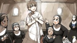  &gt;_&lt; 6+girls bible_(object) bird black_hair blanket blonde_hair blue_eyes brown_hair chicken diva_(hyxpk) duck english_commentary eyelashes eyelashes_nun_(diva) glasses grey_hair highres holding holding_blanket laidback_nun_(diva) little_nuns_(diva) multiple_girls note nun pants parted_grey_nun_(diva) red_pants rope_belt shirt short_hair shy_nun_(diva) square_nun_(diva) sweat tears traditional_nun white_shirt worried 