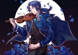  1boy absurdres black_pants black_vest blue_brooch blue_flower blue_hair blue_jacket blue_neckerchief blue_petals blue_rose bow_(music) brown_eyes buttons chesed_(project_moon) collared_jacket cowboy_shot curtained_hair falling_petals floating_hair floating_jacket flower full_moon grin hand_up highres holding holding_bow_(music) holding_instrument holding_violin huge_moon instrument jacket library_of_ruina loaf_mini long_sleeves low_ponytail male_focus medium_hair moon music neckerchief one_eye_closed open_clothes open_jacket pants parted_bangs petals playing_instrument ponytail project_moon rose signature sky smile solo star_(sky) starry_sky vest violin waistcoat 