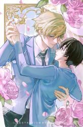  1boy 1girl arm_around_back artist_name black_hair black_necktie black_pants blonde_hair blue_eyes blue_jacket brown_eyes collared_shirt couple crossdressing crossdressing_(ftm) dancing flower fujioka_haruhi hair_between_eyes hetero highres holding_hands jacket necktie oretsuu ouran_high_school_host_club ouran_high_school_uniform pants parted_lips pink_flower pink_rose rose school_uniform shirt short_hair smile striped_necktie suit_jacket suou_tamaki white_shirt 