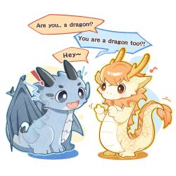  ! ^^^ artist_request blue_outline colored_shadow comparison creature creature_focus dragon eastern_dragon english_text happy highres motion_lines musical_note nikki_(series) no_humans official_art outline second-party_source shadow shining_nikki simple_background speech_bubble western_dragon white_background yellow_outline 