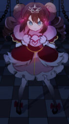  1girl blue_eyes brown_hair chain checkered_floor clenched_hands closed_mouth commentary_request double_bun dress drill_hair full_body gloves hair_bun hands_up highres legs_apart mochi_(uemr8557) pantyhose pink_dress pokemon pokemon_bw2 pokestar_studios rosa_(pokemon) shoes short_sleeves solo standing tiara twin_drills twintails white_gloves 