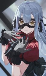  1girl absurdres ascot bang_dream! bang_dream!_it's_mygo!!!!! black_ascot black_mask black_ribbon black_skirt blue_brooch blue_hair blurry blurry_background breasts brooch closed_mouth collared_shirt depth_of_field double-parted_bangs earrings eimizzzzz expressionless film_grain gloves grey_gloves hair_ribbon hands_up highres jewelry long_hair looking_at_viewer looking_up mask masquerade_mask medium_breasts oblivionis_(bang_dream!) puffy_short_sleeves puffy_sleeves red_shirt ribbon shirt short_sleeves skirt solo spread_fingers togawa_sakiko two_side_up upper_body yellow_eyes 