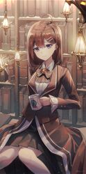  1girl ahoge binjooim black_skirt blue_eyes book bookshelf bow bowtie brown_bow brown_bowtie brown_coat brown_hair brown_jacket buttons center-flap_bangs closed_mouth coat coffee_mug collared_shirt cup dot_nose double-parted_bangs feet_out_of_frame frilled_sleeves frills hair_ornament hairclip hanging_light highres hod_(project_moon) holding holding_cup jacket lapels library_of_ruina light_particles lobotomy_corporation_logo long_sleeves looking_at_viewer mug orange_brooch pleated_skirt project_moon scroll shirt short_hair sitting skirt smile solo twitter_username white_shirt wing_collar 
