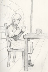 1girl chair clothing coffee commission commissioner_upload cup dress earrings ears elf elf_pointy_ears female footwear graphite_(medium) hair_behind_ear high_resolution holding holding_cup indoors jewelry long_hair long_sleeves lotte_farona mug official_art on_chair pointed_ears restlittleplum short_sleeves sitting sitting_on_chair smile socks solo steam table traditional_media ways_of_darkness_(series)