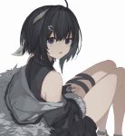  1girl :d arknights bare_shoulders black_eyes black_hair feather_hair fingerless_gloves fur-trimmed_jacket fur_trim gloves hair_ornament hairclip highres iwagmo jacket la_pluma_(arknights) looking_at_viewer looking_back shoes simple_background sitting smile solo white_background 