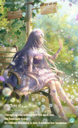  1girl arm_ribbon artist_request ashley_(shining_nikki) barefoot blue_eyes blue_sky burn_scar character_name collar commentary copyright_name dandelion dandelion_seed day detached_collar dress english_commentary english_text floral_print flower frilled_dress frills full_body fur-trimmed_dress fur_sleeves fur_trim grey_hair hair_between_eyes hair_flower hair_ornament happy high_collar highres lace_collar lace_ribbon light_particles light_rays logo long_hair looking_ahead medium_dress mountain neck_flower nikki_(series) off-shoulder_dress off_shoulder official_alternate_color official_art on_bench open_mouth outdoors outstretched_hand overgrown petals plant poetry_of_wind&#039;s_journey_(shining_nikki) purple_collar purple_dress purple_flower purple_ribbon ribbon scar scar_on_face second-party_source shining_nikki short_sleeves sidelocks signpost sitting sky smile solo sunlight tree very_long_hair vine_on_leg vines wavy_hair 