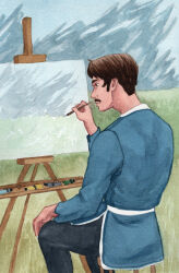 1boy art_brush belt black_eyes black_pants blue_jacket blue_pants blue_robe blue_shirt brown_hair brush canvas_(object) clothing commission commissioner_upload day easel facial_hair from_behind grass hand_on_own_knee hand_on_own_leg hand_on_own_thigh hand_on_thigh hand_up hardes_rozong high_resolution holding holding_brush holding_object holding_paintbrush jacket long_sleeves looking_afar looking_ahead male male_focus mountain mountainous_horizon mustache official_art on_stool outdoors paintbrush painting_(action) painting_(object) palette_(object) pants restlittleplum sash shirt short_hair sideburns sitting sky solo stool traditional_media very_high_resolution watercolor_(artwork) watercolor_(medium) ways_of_darkness_(series) white_belt white_sash