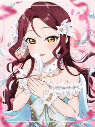  1girl absurdres angel_wings birthday blush collarbone commentary confetti feathers highres holding holding_feather kyaku_tasu long_hair looking_at_viewer love_live! love_live!_sunshine!! pink_background red_hair sakurauchi_riko solo twitter_username upper_body watermark wavy_hair white_feathers wings yellow_eyes 