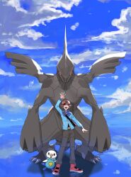  1boy bag baseball_cap blue_jacket blue_sky brown_hair closed_eyes clouds colored_sclera dragon hat highres hilbert_(pokemon) jacket long_sleeves looking_at_viewer nanaban_zenryoku open_mouth oshawott pants pokemon pokemon_(creature) pokemon_bw red_eyes red_sclera short_hair shoulder_bag sky smile teeth upper_teeth_only zekrom zipper_pull_tab 