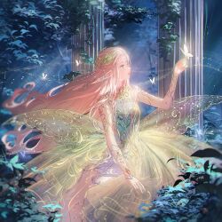  1girl absurdres aki_a0623 aqua_dress asymmetrical_dress bare_legs beads blue_eyes bug bush butterfly butterfly_on_hand circlet cowboy_shot dress earrings eyeshadow fairy floating_hair forehead_jewel forest gold_necklace gown hair_beads hair_ornament hand_on_lap highres jewelry light_particles lipstick long_dress long_hair long_pointy_ears magic makeup nature necklace night nikki_(series) noctis_arcanum_lumen_(shining_nikki) official_alternate_color official_art outdoors parted_lips pillar pink_eyeshadow pink_hair pink_lips pointy_ears pointy_nose second-party_source shining_nikki solo tree two-tone_dress very_long_hair wind yellow_butterfly yellow_dress 