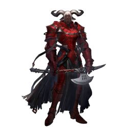  1boy animal_ears arknights armor axe closed_mouth cow_boy cow_ears cow_horns dark_skin full_armor full_body hair_slicked_back holding holding_axe holding_weapon horns looking_at_viewer official_art pelvic_curtain red_armor ryuuzaki_ichi sidelocks solo standing third-party_source transparent_background vambraces waist_cape weapon white_hair 