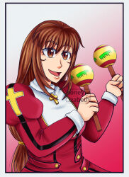  brown_eyes brown_hair collar cross dress erica_fontaine highres holding holding_instrument holding_maracas honeylizabeth instrument juliet_sleeves latin_cross long_hair long_sleeves looking_at_viewer low-tied_long_hair maracas open_mouth puffy_sleeves red_dress sakura_taisen sakura_taisen_iii sidelocks white_collar 