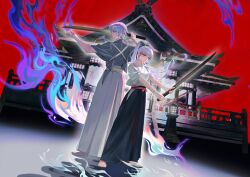  1boy 1girl absurdres architecture back-to-back barefoot black_hakama blue_eyes blue_fire blue_hair blunt_bangs blunt_tresses bokken brother_and_sister chinese_commentary closed_mouth east_asian_architecture expressionless fighting_stance fire flower_knot full_body genshin_impact grey_kimono guaisanmu hair_between_eyes hair_ornament hair_ribbon hakama hand_to_blade hand_up high_ponytail highres holding holding_sword holding_weapon house japanese_clothes kamisato_ayaka kamisato_ayato kimono long_hair looking_ahead mole mole_under_eye mole_under_mouth outstretched_arm outstretched_arms ponytail profile red_sky ribbon siblings sky standing standing_on_liquid stone_lantern sword tasuki tress_ribbon violet_eyes weapon white_hair white_hakama white_kimono wooden_sword wrist_wrap 