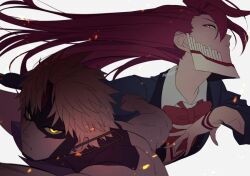  1boy 1girl acrobatic_silky_(dandadan) blue_jacket bow bowtie closed_mouth collared_shirt commentary_request dandadan earrings enjoji_jin evil_eye_(dandadan) floating_hair highres jacket jewelry kami_high_school_uniform long_hair looking_at_viewer pink_hair possessed profile red_bow red_bowtie school_uniform shiratori_aira_(dandadan) shirt short_hair sweater_vest third_eye topless_male transformation upper_body wasa7subi white_background white_shirt yellow_eyes 