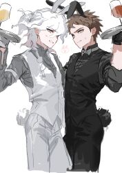  2boys absurdres animal_ears annoyed arched_back black_gloves black_vest bow bowtie brown_hair butler danganronpa_(series) danganronpa_2:_goodbye_despair dress_shirt drink frown fug_uai gloves green_eyes highres hinata_hajime holding holding_drink holding_plate komaeda_nagito looking_at_viewer loose_bowtie male_focus male_playboy_bunny multiple_boys pants plate rabbit_ears rabbit_tail shirt sweat tail tight_clothes tight_pants vest white_hair white_vest 