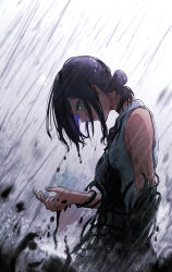  1girl absurdres black_hair chainsaw_man closed_mouth from_side green_eyes hair_bun highres looking_down ninjin_ika rain reze_(chainsaw_man) shirt sleeveless sleeveless_shirt slime_(substance) solo 
