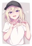  1girl :d bang_dream! bang_dream!_it&#039;s_mygo!!!!! baseball_cap black_headwear blonde_hair blush breasts collarbone cropped_torso e20 grey_background hair_between_eyes hands_up hat highres looking_at_viewer misumi_uika pennant shirt short_sleeves small_breasts smile solo string_of_flags teeth two-tone_background upper_body upper_teeth_only violet_eyes white_background white_shirt 