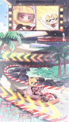  1girl ahoge animal animal_ear_headwear animal_ears artist_request black_bodysuit black_boots blue_sky blunt_bangs bodysuit boots brown_eyes car cat cat_ears chinese_commentary cloak closed_mouth clothed_animal clouds commentary_request confetti driving ear_covers emphasis_lines flag glasses grass happy helmet highres holding holding_microphone hood hood_up hooded_cloak light_particles microphone momo_(nikki) motor_vehicle nikki_(nikki) nikki_(series) notice_lines official_art opaque_glasses palm_tree pink_bodysuit pink_hair race_vehicle racecar racing second-party_source shining_nikki sky smile sunglasses tareme television thumbs_up tree triangular_eyebrows two-tone_bodysuit unused_tire v-shaped_eyebrows white_cat yellow_cloak yellow_helmet 