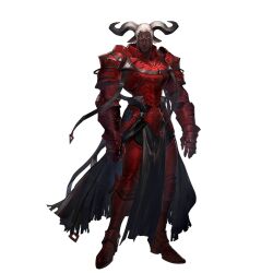  1boy animal_ears arknights armor bow closed_mouth cow_boy cow_ears cow_horns dark_skin full_armor full_body hair_slicked_back horns looking_at_viewer official_art pelvic_curtain red_armor ryuuzaki_ichi sidelocks solo standing third-party_source transparent_background vambraces waist_cape white_bow white_hair 