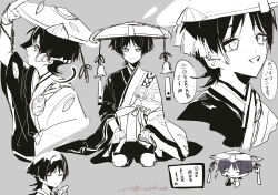  1boy beads blunt_ends calligraphy_brush clenched_hands closed_eyes closed_mouth eyeshadow feathers genshin_impact greyscale hands_on_own_thighs hat highres holding holding_calligraphy_brush holding_feather holding_paintbrush japanese_clothes jingasa kesa kimono leaf long_sleeves looking_at_viewer looking_up makeup male_focus mitsudomoe_(shape) monk monochrome multiple_views official_alternate_costume open_mouth paintbrush parted_lips prayer_beads prototype_design rope scaramouche_(genshin_impact) seiza shimenawa shorts sitting sketch smile tomoe_(symbol) translation_request tsuibakiwa twitter_username wanderer_(genshin_impact) wide_sleeves wispy_bangs 