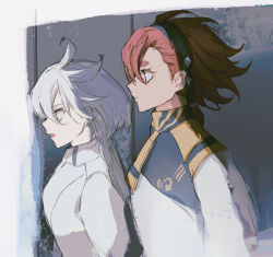  2girls asticassia_school_uniform black_hairband blue_eyes closed_mouth commentary grey_eyes gundam gundam_suisei_no_majo hairband highres jacket long_hair miorine_rembran multiple_girls open_mouth ponytail red_hair school_uniform she_(morianosu) spacesuit suletta_mercury thick_eyebrows white_hair white_jacket 