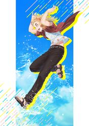  1boy belt black_pants blonde_hair feet forked_eyebrows highres jacket kimetsu_no_yaiba long_hair male_focus midriff multicolored_hair navel open_clothes open_mouth open_shirt orange_hair pants red_jacket remsor076 rengoku_kyoujurou sandals shirt shoes smile solo splashing stomach toes two-tone_hair upper_body white_shirt 