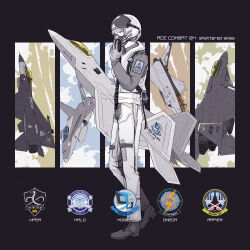  1boy 4others a-chako ace_combat ace_combat_04 aim-9_sidewinder air-to-air_missile aircraft airplane boots canopy_(aircraft) clouds commentary_request crab emblem english_text external_fuel_tank f-15_eagle f-16_fighting_falcon f-18_hornet f-22_raptor fighter_jet flight_suit full_body gloves grey_background hand_up helmet isaf jumpsuit lightning_bolt_symbol limited_palette military military_vehicle mirage_2000 missile mobius_1 mobius_strip multiple_others original oxygen_mask pilot pilot_helmet rapier roundel short_hair simple_background sky snake standing sword unit_patch visor_lift weapon 