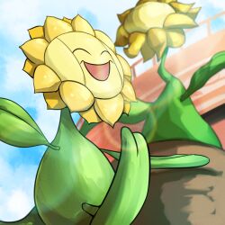  absurdres blue_sky closed_eyes clouds day highres no_humans open_mouth outdoors pokemon pokemon_(creature) sky spicyichizo sunflora 