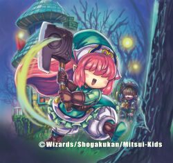  2girls asevi_andromeda_kushinada attack_trail axe backpack bag bloomers blush_stickers brown_gloves brown_hair brown_hat campaign_hat copyright_notice crocus_(duel_masters) duel_masters forest frilled_shirt frills gloves green_hat green_shirt hair_over_eyes hat holding holding_axe house long_hair matsumoto_eight medium_hair multiple_girls nature neckerchief official_art open_mouth outdoors phrygian_cap pink_hair pointy_ears shirt tree white_bloomers yellow_neckerchief 