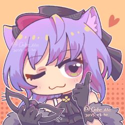  1girl :3 animal_ear_fluff animal_ears arknights ascot bang_dream! bang_dream!_it&#039;s_mygo!!!!! black_ascot black_gloves cat_ears cat_girl chibi chibi_only chinese_commentary closed_mouth commentary_request dated gloves heart heart-shaped_pupils highres holding holding_mask index_finger_raised looking_at_viewer mask one_eye_closed purple_hair short_hair smile solo symbol-shaped_pupils upper_body violet_eyes woc_fameile yuutenji_nyamu yuutenji_nyamu_(magician_of_passion) 