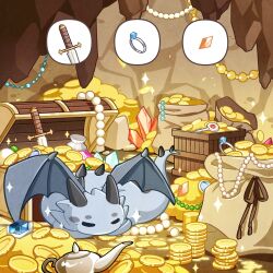  artist_request beads cave character_request commentary creature creature_focus crystal diamond_(gemstone) dragon english_commentary gem highres jacket jewelry lamp money_bag nikki_(series) no_humans official_art orange_gemstone ring second-party_source shining_nikki sleeping solo spoken_object sword treasure treasure_chest unworn_jacket vase weapon western_dragon 