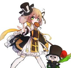  2girls arch_bishop_(ragnarok_online) asuta_(kinakomoti300) black_bow black_bowtie black_dress black_hat black_ribbon bow bowtie cattail commentary_request doughnut dress dress_bow feet_out_of_frame food food_in_mouth frilled_dress frilled_sleeves frills furry furry_female green_dress hair_ribbon hat highres looking_at_viewer mask masked multiple_girls official_alternate_costume plant ragnarok_online ribbon sash short_hair simple_background standing summoner_(ragnarok_online) top_hat two-tone_dress white_background white_dress white_sash yellow_bow 