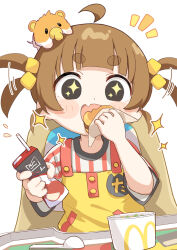  1girl :d afterimage aged_down ahoge animal animal_on_head black_eyes blush_stickers brat_(brabrabrat00) brown_hair burger commentary_request cup disposable_cup dress drinking_straw expressive_hair fang food hamster highres holding holding_food imadake_dabuchi_tabesuke imadake_tsukimi_tabemi mcdonald&#039;s notice_lines on_head pacifier shirt short_eyebrows short_sleeves simple_background smile sparkle sparkling_eyes striped_clothes striped_shirt thick_eyebrows two_side_up upper_body vertical-striped_clothes vertical-striped_shirt white_background yellow_dress 