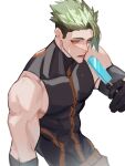  1boy abs absurdres achilles_(fate) achilles_(fearless_diver)_(fate) armband black_armband black_gloves black_shirt collarbone fate/grand_order fate_(series) food gloves green_hair haruakira highres holding holding_food holding_popsicle large_pectorals male_focus pectorals popsicle shirt sidepec simple_background solo sweatdrop tongue tongue_out undercut white_background yellow_eyes 