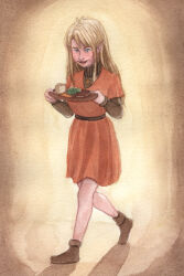 1girl ankle_boots belt blonde_hair blue_eyes boots brown_footwear clothing commission commissioner_upload cup dress ears elf female food footwear graphite_(medium) high_resolution holding holding_object holding_plate holding_tray jewelry layered_sleeves long_hair long_sleeves lotte_farona necklace official_art open_mouth orange_dress plate pointed_ears red_dress restlittleplum shoes short_over_long_sleeves short_sleeves smile solo sweater traditional_media tray tunic turtleneck very_high_resolution walking watercolor_(medium) ways_of_darkness_(series)