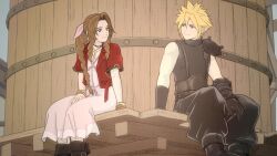 1boy 1girl aerith_gainsborough ameiro0814 armor armored_gloves baggy_pants bangle belt black_boots black_gloves black_pants black_shirt blonde_hair blue_eyes boots bracelet braid braided_ponytail brown_belt brown_boots brown_hair choker closed_mouth cloud_strife cropped_jacket dress earrings feet_out_of_frame final_fantasy final_fantasy_vii final_fantasy_vii_rebirth final_fantasy_vii_remake flower_choker gloves green_eyes hair_between_eyes hair_over_shoulder hair_ribbon hand_on_lap jacket jewelry light_smile long_dress long_hair looking_at_another multiple_belts outdoors pants parted_bangs pauldrons pink_dress pink_ribbon red_jacket ribbon shirt short_hair short_sleeves shoulder_armor sidelocks single_bare_shoulder single_braid single_earring single_pauldron sitting sleeveless sleeveless_turtleneck spiky_hair suspenders turtleneck water_tower 