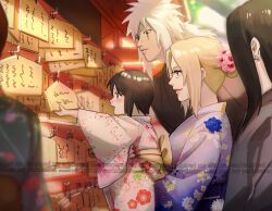  1other 2boys 2girls aged_down alternate_hairstyle blue_kimono blurry carrying carrying_person child commentary_request floral_print flower hair_bun hair_flower hair_ornament highres japanese_clothes jiraiya_(naruto) kimono korean_commentary long_hair may_c multiple_boys multiple_girls naruto_(series) open_mouth orochimaru_(naruto) pink_kimono ponytail scar scar_across_eye scar_on_face shizune_(naruto) short_hair single_hair_bun smile tsunade_(naruto) watermark yukata 