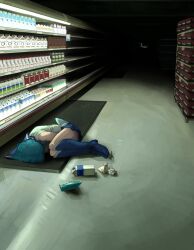  1girl back_bow bent_back bishoujo_senshi_sailor_moon blue_hair blue_skirt boots bow cheese choker curled_up darkness fetal_position food full_body gloves highres hugging_own_legs knees_to_chest liminal_space lying mercuri0ff milk_carton mizuno_ami on_floor on_side plantar_flexion sailor_mercury sailor_senshi_uniform short_hair skirt solo supermarket white_gloves 