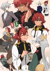  0321smith 2girls animal_ears asticassia_school_uniform black_bodysuit black_jacket blue_dress blue_eyes bodysuit closed_eyes closed_mouth commentary_request couch cuddling dress fox_ears fox_girl fox_tail green_jacket green_shirt grey_hair gundam gundam_suisei_no_majo highres jacket jewelry kemonomimi_mode long_hair miorine_rembran multiple_girls on_couch open_mouth raccoon_ears raccoon_girl raccoon_tail ramen ring scar scar_on_face school_uniform shirt smile sparkle suit_jacket suletta_mercury tail thick_eyebrows wedding_ring white_dress white_jacket white_shirt wife_and_wife yuri 