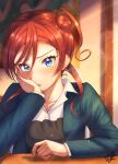  1girl absurdres blue_eyes blue_jacket blush bright09 hair_between_eyes hair_bun hand_on_own_face highres jacket long_sleeves looking_at_viewer love_live! love_live!_superstar!! open_mouth redhead school_uniform shirt sidelocks signature single_side_bun sitting solo upper_body yoneme_mei yuigaoka_school_uniform 