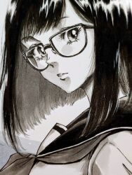  1girl commentary_request eyelashes from_side glasses greyscale looking_at_viewer looking_to_the_side makomako1061 medium_hair monochrome nose nose_pads original parted_lips portrait sailor_collar school_uniform semi-circular_eyewear serafuku shirt solo straight_hair traditional_media 