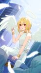  1girl :o angel angel_wings bare_shoulders blonde_hair bracelet city dress dutch_angle feathered_wings halo halter_dress halterneck highres index_finger_raised jewelry low_twintails open_mouth original red_eyes sitting sleeveless sleeveless_dress solo_focus twintails white_dress white_wings wings yotsuremi 