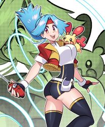 1girl ass black_thighhighs blue_hair breasts commentary english_commentary fingerless_gloves gloves headband highres jacket large_breasts long_hair looking_at_viewer missandydandy on_shoulder open_clothes open_jacket open_mouth plusle pokemon pokemon_(creature) pokemon_on_shoulder pokemon_ranger_(series) pokemon_ranger_uniform red_eyes red_headband red_jacket shirt short_sleeves solana_(pokemon) spandex thigh-highs