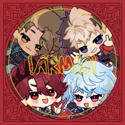  4boys :3 antenna_hair black_gloves blue_hair blush braid brown_eyes brown_hair chibi chibi_only clenched_hand crimzon_ruze crown double_middle_finger gloves goldbullet grin group_name hair_ornament hairclip highres holoarmis holostars holostars_english jurard_t_rexford l_hand lemonriice male_focus middle_finger multicolored_hair multiple_boys no_sclera octavio open_mouth pink_eyes ponytail red_background red_eyes red_hair round_image short_hair smile two-tone_hair violet_eyes virtual_youtuber 