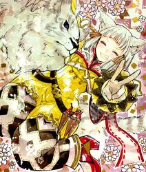 1boy 1girl animal_ears blue_eyes cat cat_ears closed_eyes dromarch_(xenoblade) iori_(akaringo) nia_(xenoblade) salute short_hair silver_hair solo two-finger_salute xenoblade_chronicles_(series) xenoblade_chronicles_2