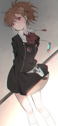  1girl absurdres arms_behind_back black_jacket black_skirt bow chromatic_aberration closed_mouth commentary digital_media_player digital_walkman evoker facing_viewer feet_out_of_frame floating_clothes gekkoukan_high_school_uniform grey_background hair_ornament hairclip highres holding holding_polearm holding_weapon jacket kenko_(hjlahh) kneehighs looking_to_the_side persona persona_3 persona_3_portable polearm ponytail red_bow red_eyes red_hair school_uniform shiomi_kotone shirt short_ponytail skirt socks solo underlighting walkman_nw-s203f weapon white_shirt white_socks 