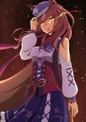  1girl absurdres animal_ears belt_bag blue_hat blue_skirt bow breasts brown_hair cape center_frills clothing_cutout corset ear_ornament ears_through_headwear frills glowing glowing_eyes hair_ornament hairclip hat highres horse_ears horse_girl long_sleeves looking_at_viewer masaki_(masaki_470) matikanetannhauser_(panpaka_tiltott)_(umamusume) matikanetannhauser_(umamusume) medium_hair multicolored_hair newsboy_cap parted_lips red_corset shirt shoulder_cutout skirt solo streaked_hair tilted_headwear umamusume white_shirt yellow_eyes 
