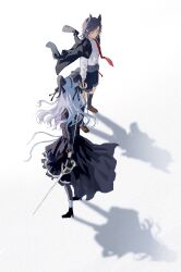  2girls absurdres animal_ears arknights bang_dream! bang_dream!_it&#039;s_mygo!!!!! black_boots black_dress black_gloves black_hair black_horns black_jacket black_ribbon black_shorts blue_eyes blue_hair boots chinese_commentary closed_mouth collared_shirt commentary_request curled_horns dress full_body gloves hair_ribbon haiyang_gongyuan_biaozhun_qianting high_heel_boots high_heels highres holding holding_sword holding_weapon horns jacket jacket_on_shoulders long_hair medium_hair multiple_girls necktie red_necktie ribbon shadow shirt shorts sidelocks simple_background standing sword togawa_sakiko togawa_sakiko_(master_of_melodia) two_side_up weapon white_background white_shirt wolf_ears wolf_girl yahata_umiri yahata_umiri_(moonlight_executioner) 