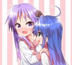  2girls :3 black_bow black_ribbon blue_hair blush bow cheek_poking green_eyes hiiragi_kagami izumi_konata long_hair lucky_star multiple_girls open_mouth poking purple_hair red_serafuku ribbon school_uniform serafuku twintails urushi_(2634334) violet_eyes 